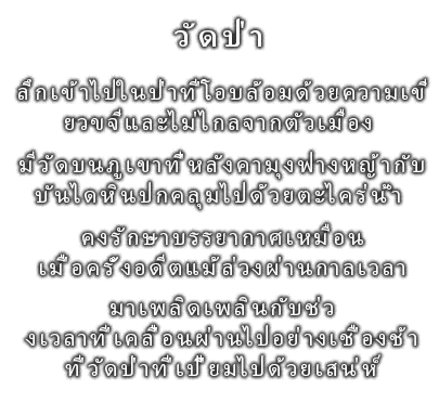 ลึกเข้าไปในป่าที่โอบล้อมด้วยความเขียวขจีและไม่ไกลจากตัวเมือง. 
มีวัดบนภูเขาที่หลังคามุงฟางหญ้ากับบันไดหินปกคลุมไปด้วยตะไคร่น้ำ. 
คงรักษาบรรยากาศเหมือนเมื่อครั้งอดีตแม้ล่วงผ่านกาลเวลา.
มาเพลิดเพลินกับช่วงเวลาที่เคลื่อนผ่านไปอย่างเชื่องช้าที่วัดป่าที่เปี่ยมไปด้วยเสน่ห์