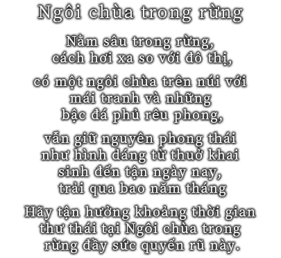 Nằm sâu trong rừng, cách hơi xa so với đô thị,
có một ngôi chùa trên núi với mái tranh và những bậc đá phủ rêu phong,
vẫn giữ nguyên phong thái như hình dáng từ thuở khai sinh đến tận ngày nay, trải qua bao năm tháng
Hãy tận hưởng khoảng thời gian thư thái tại Ngôi chùa trong rừng đầy sức quyến rũ này.
